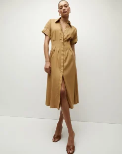 Adavi Khaki Linen Shirt Dress><noscript><img width=