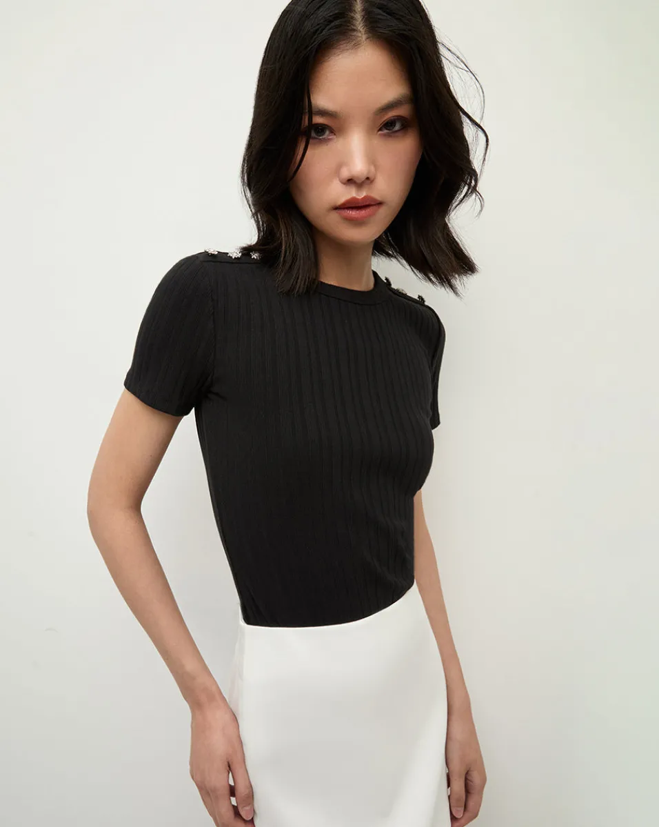 Draya Rhinestone Button Tee in>Veronica Beard Sale