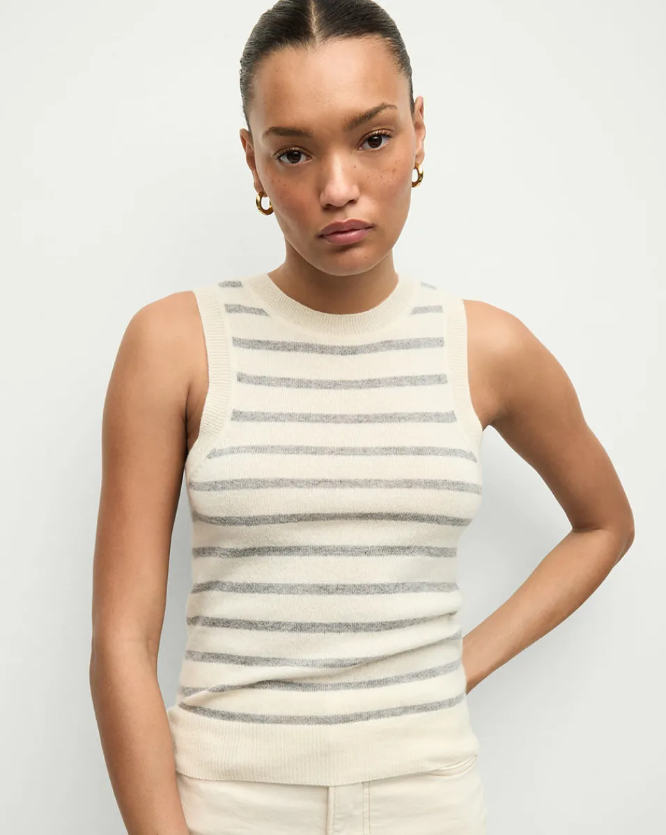 Jerrel Striped Cashmere Tank in Ivory/Heather Grey>Veronica Beard Outlet