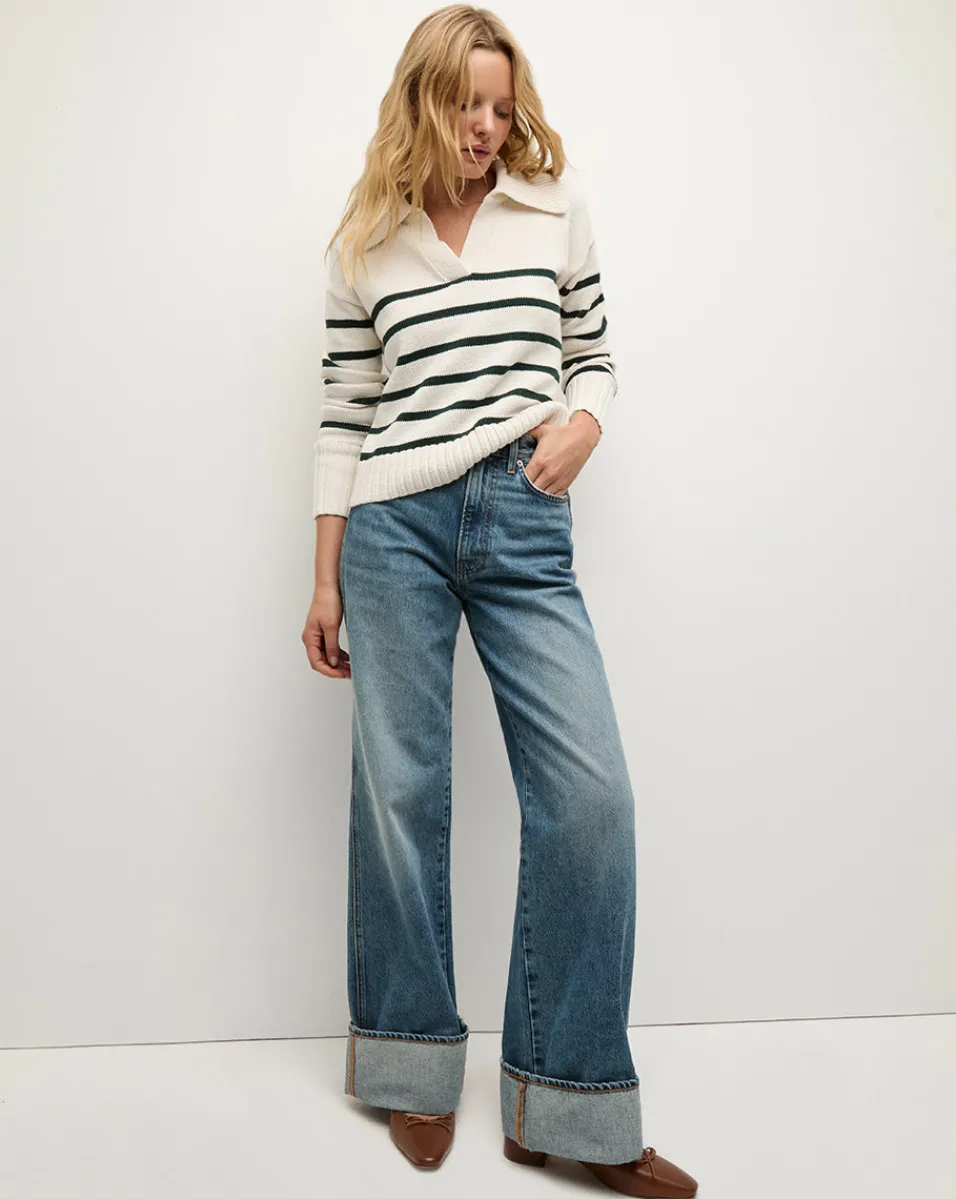 Jovie Striped V Neck Sweater in Ivory & Green>Veronica Beard Outlet