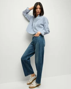 Khai Cropped Tunic Top in Blue/White Stripe>Veronica Beard Online