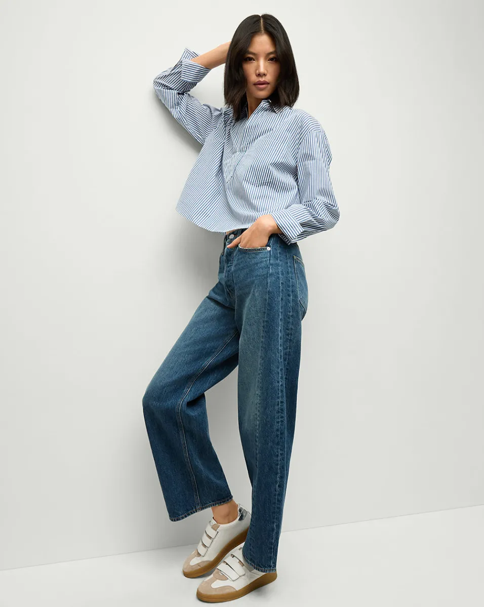 Khai Cropped Tunic Top in Blue/White Stripe>Veronica Beard Online