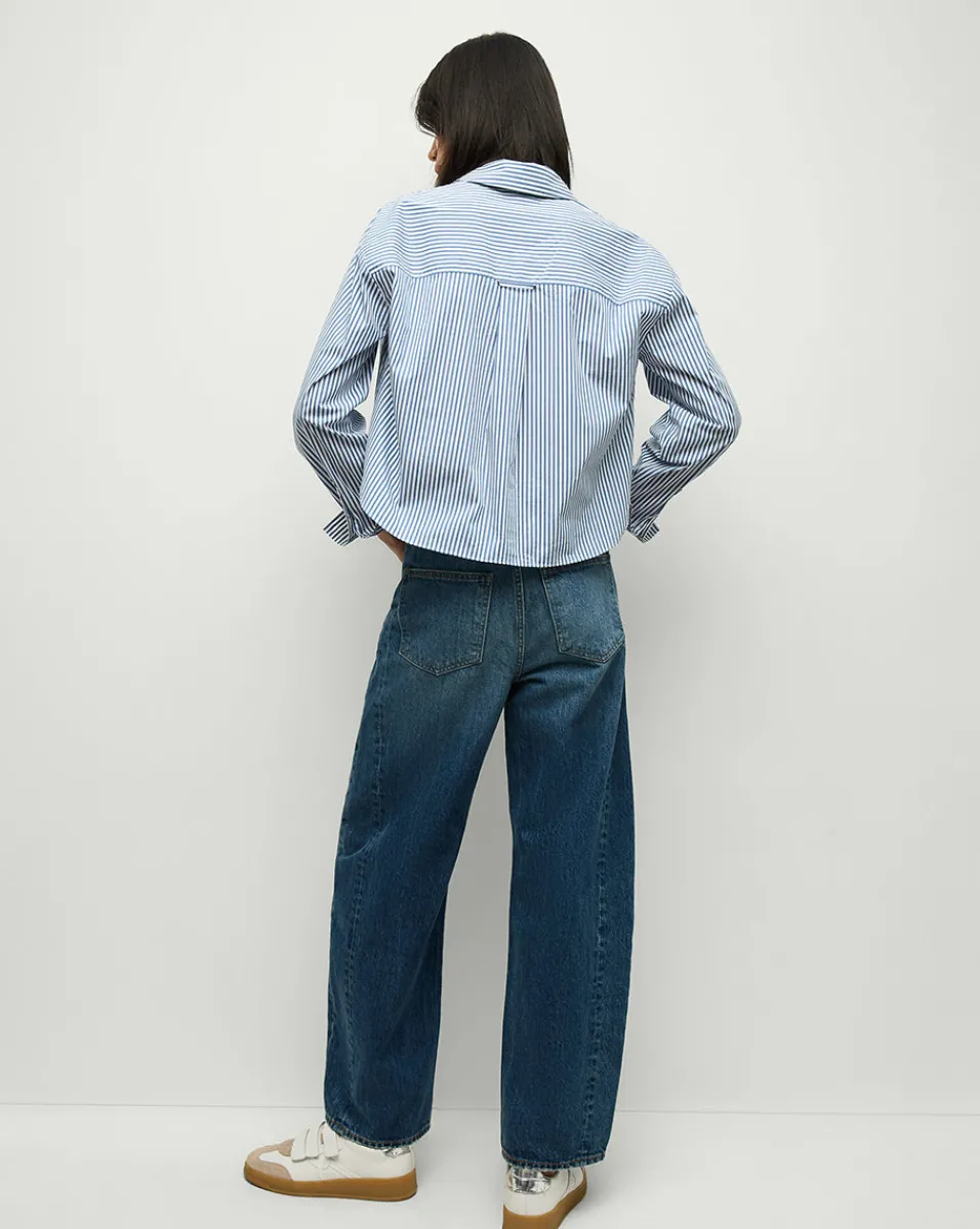 Khai Cropped Tunic Top in Blue/White Stripe>Veronica Beard Online