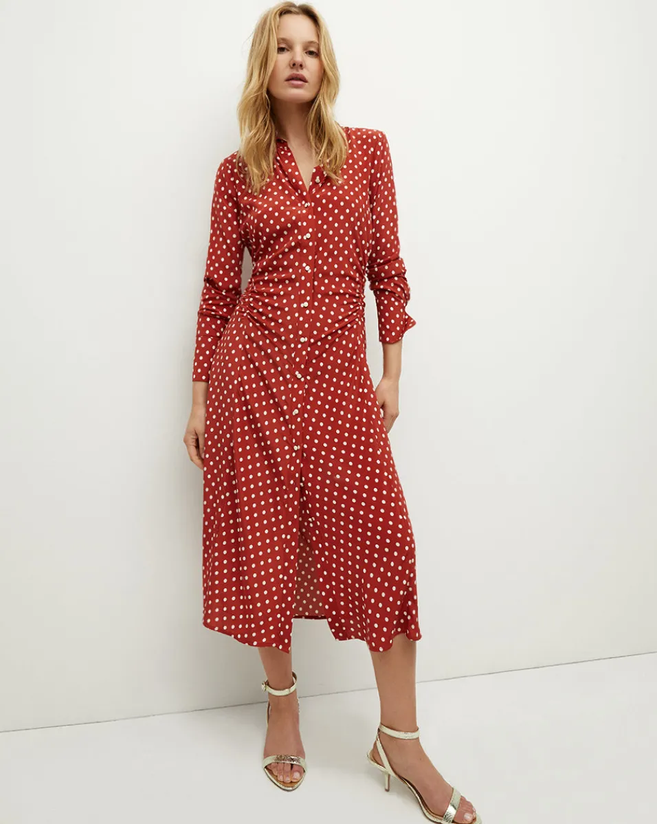 Lex Polka-Dot Dress in Brick Red/Ecru>Veronica Beard New