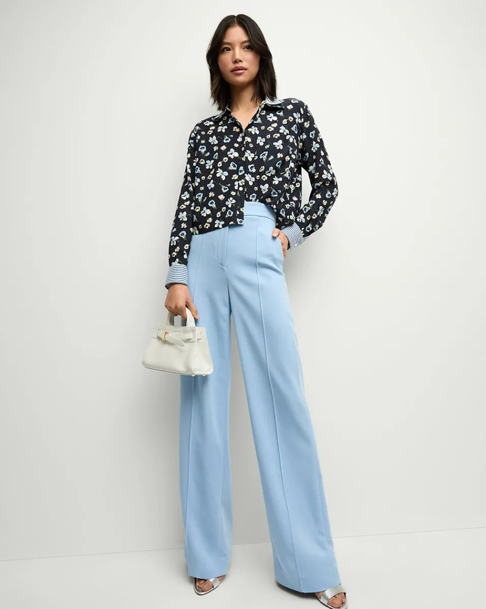 Maia Floral Silk Double-Collar Shirt in Navy Multi>Veronica Beard