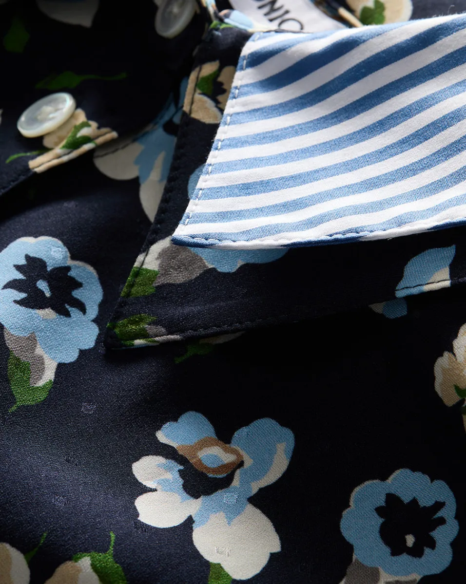 Maia Floral Silk Double-Collar Shirt in Navy Multi>Veronica Beard