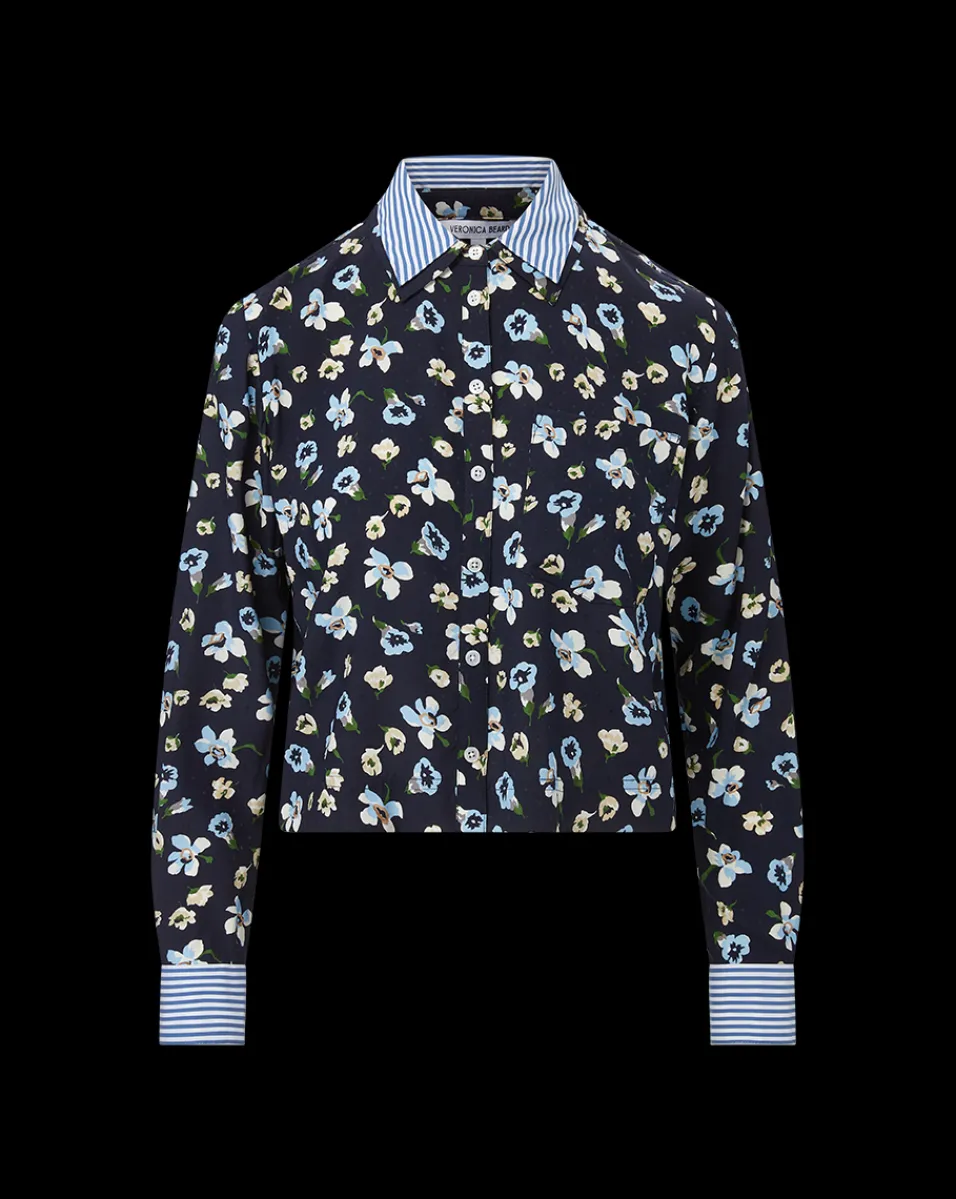 Maia Floral Silk Double-Collar Shirt in Navy Multi>Veronica Beard