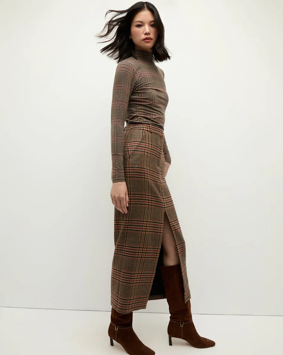 Nate Plaid Turtleneck Top in Camel & Black>Veronica Beard Outlet