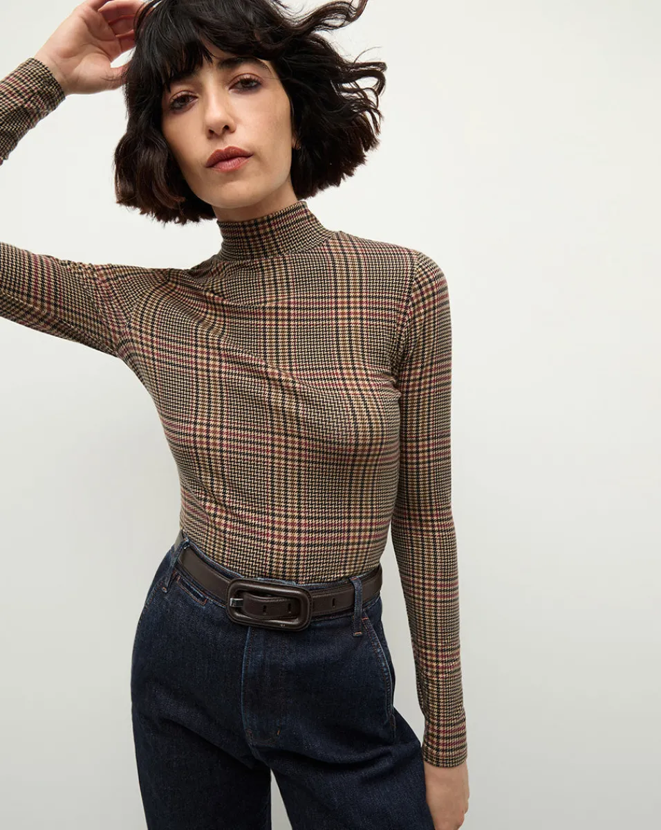 Nate Plaid Turtleneck Top in Camel & Black>Veronica Beard Outlet