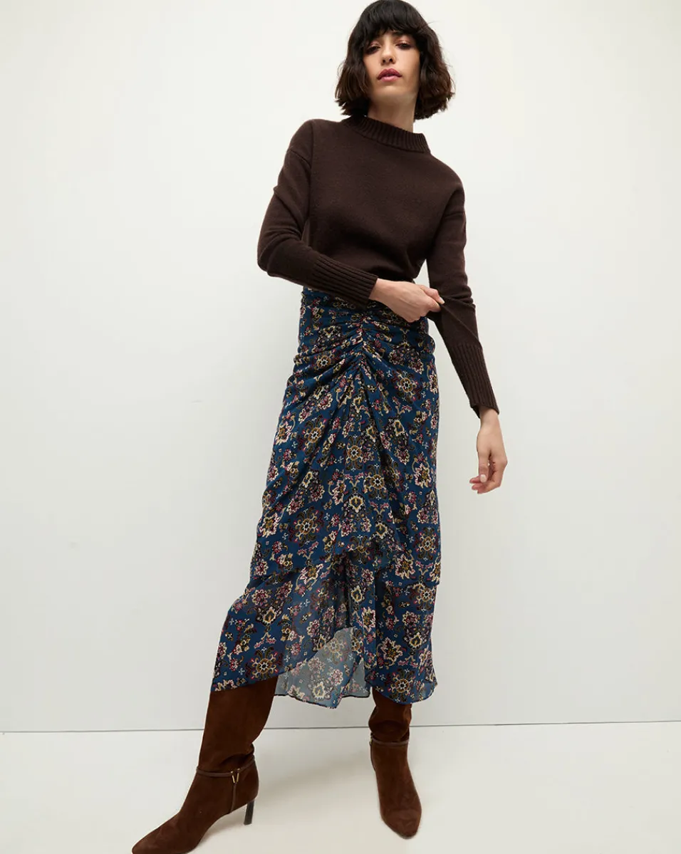 Sira Long Ruched Silk Skirt in Blue-Stone-Multi>Veronica Beard Online