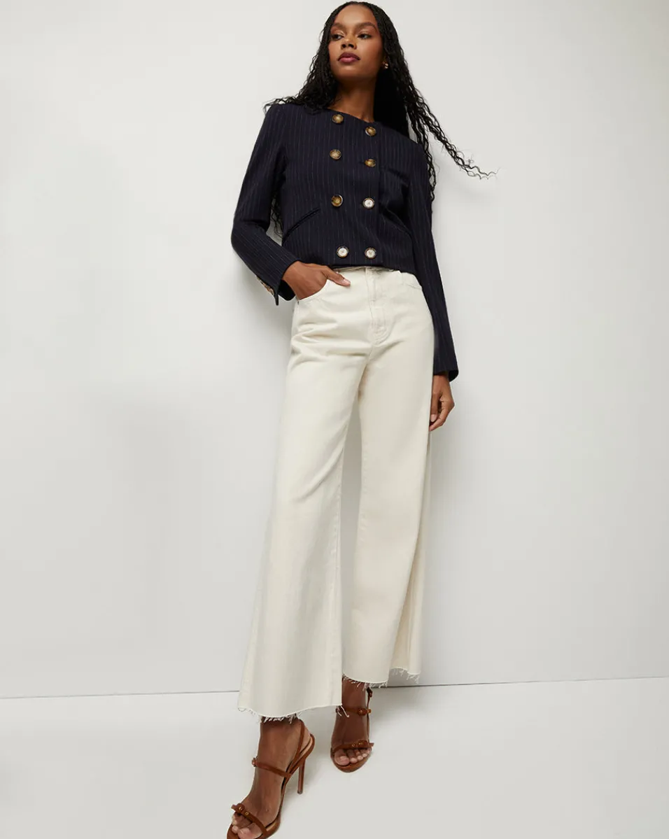 Winslow Pinstripe Collarless Jacket>Veronica Beard